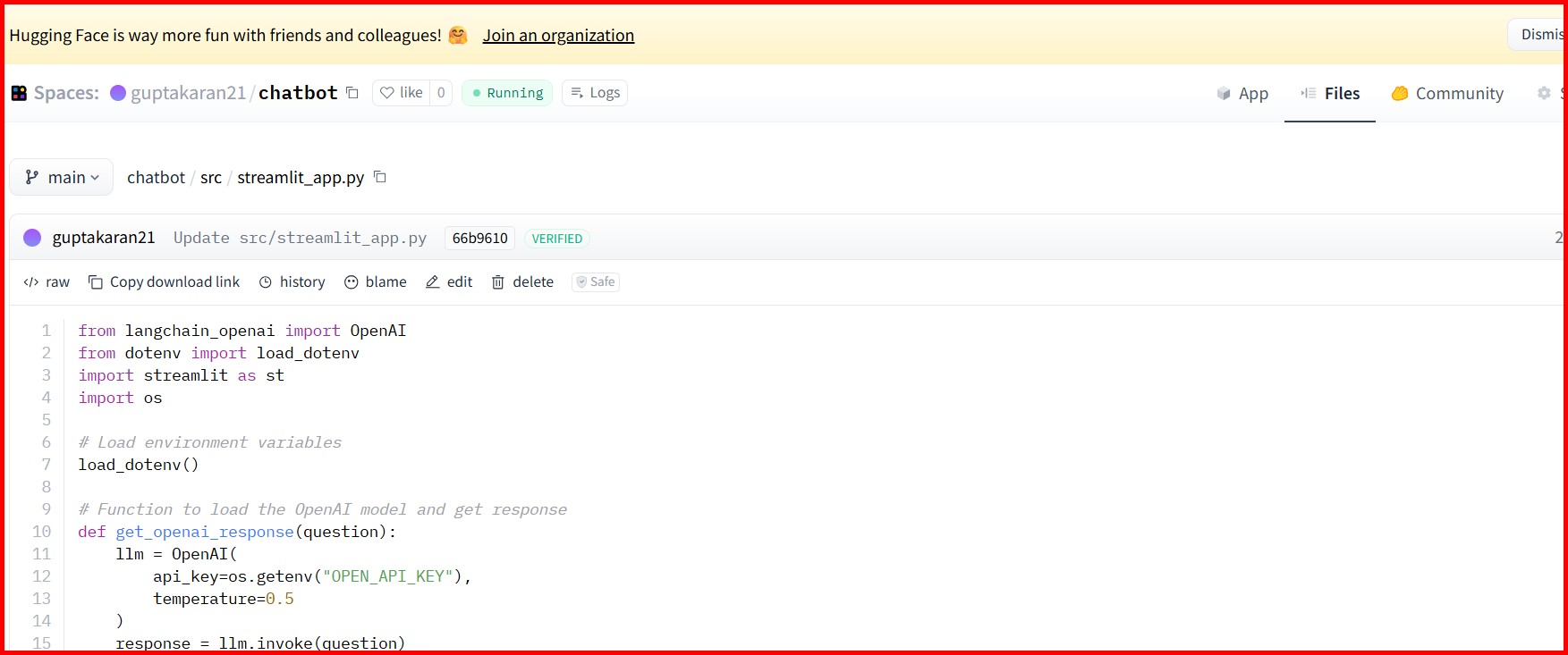 Picture showing the code pasted in streamlit_app.py file